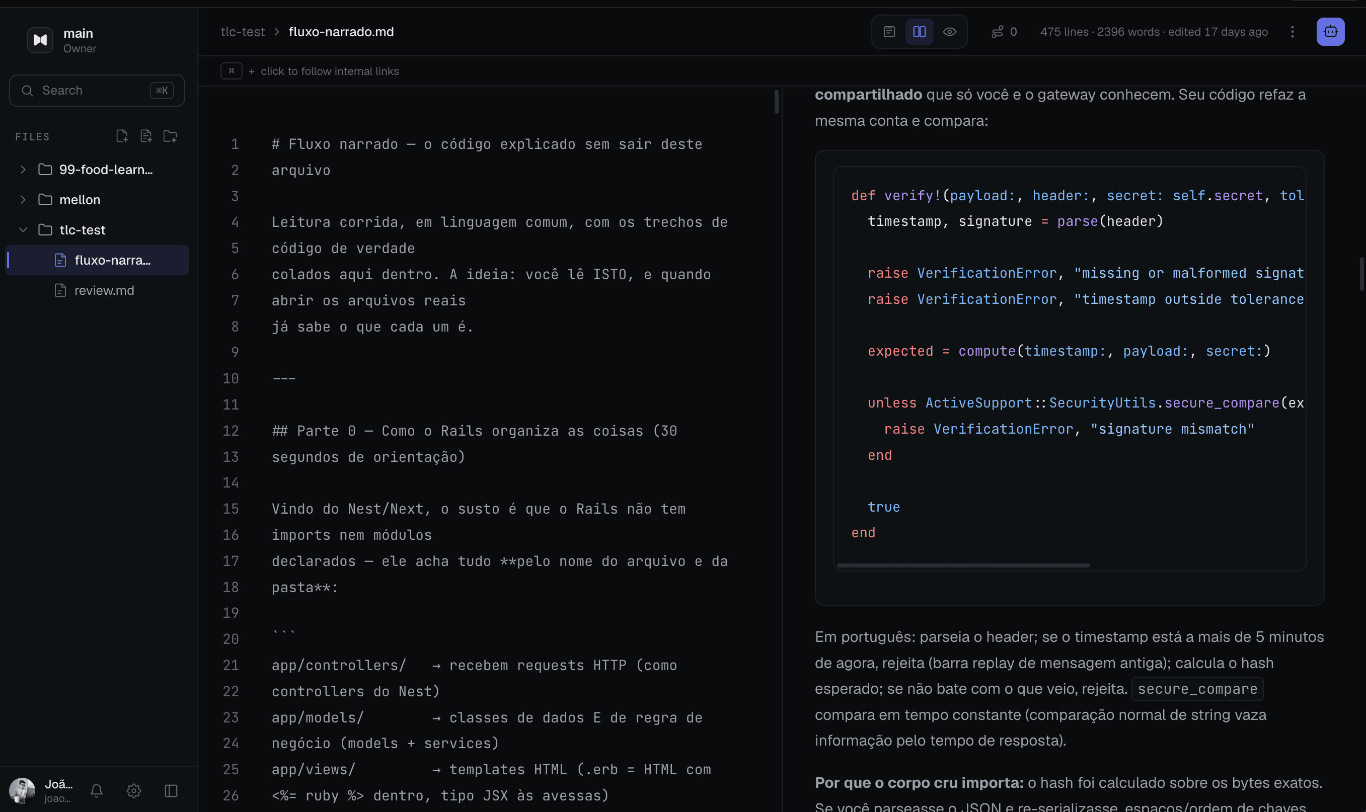 Editor de markdown do Mellon em modo dividido, com o código à esquerda e a pré-visualização renderizada à direita