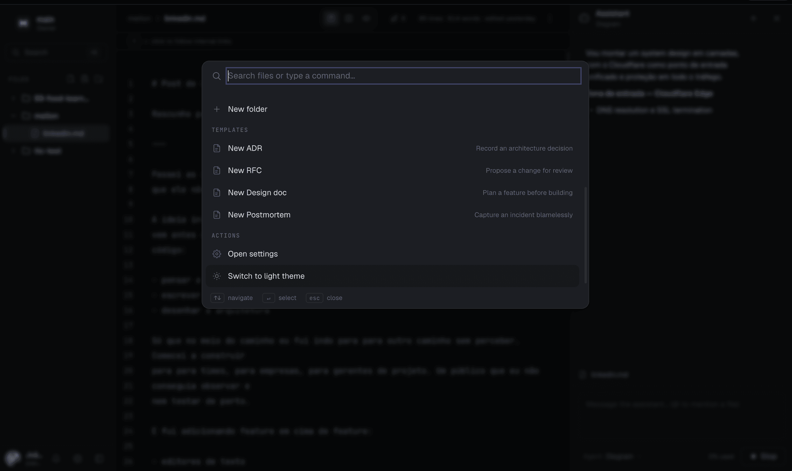 Paleta de comandos do Mellon com busca de arquivos e templates de ADR, RFC, design doc e postmortem